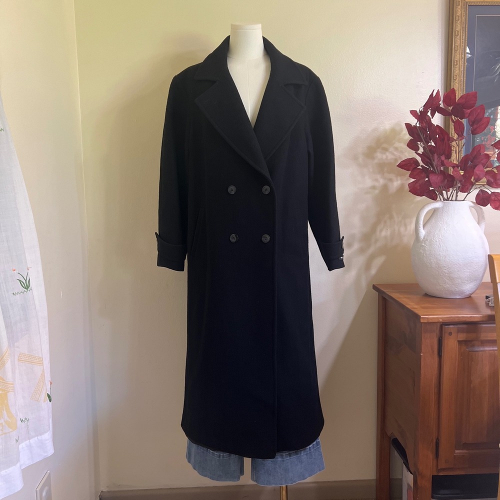 Stephanie Mathews Woman Black 100% Wool Double Breasted Long Coat Size 14/16W